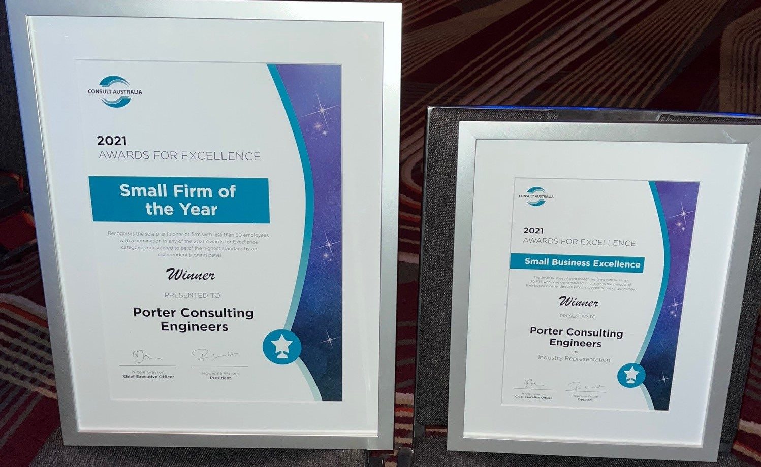Framed awards for Porter Consulting Engineers