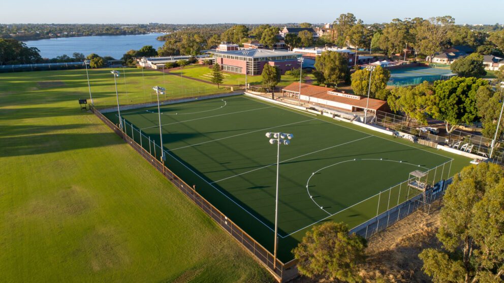 Aerial view of a Porter project, a hockey turf at Aquinas College