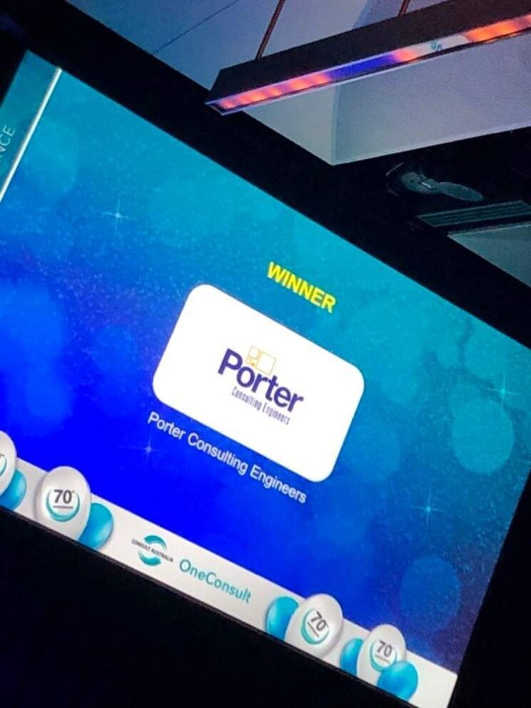 The winner screen at an awards ceremony showing Porter Consulting Engineers as the winners